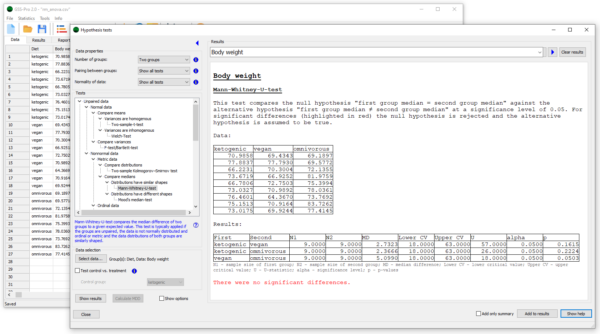 Hypothesis test - Statistical analyses - screenshot